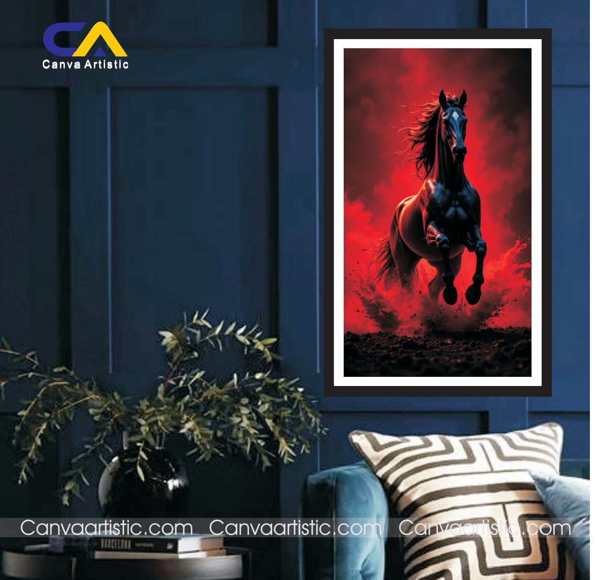beautiful Red Background Black Horse